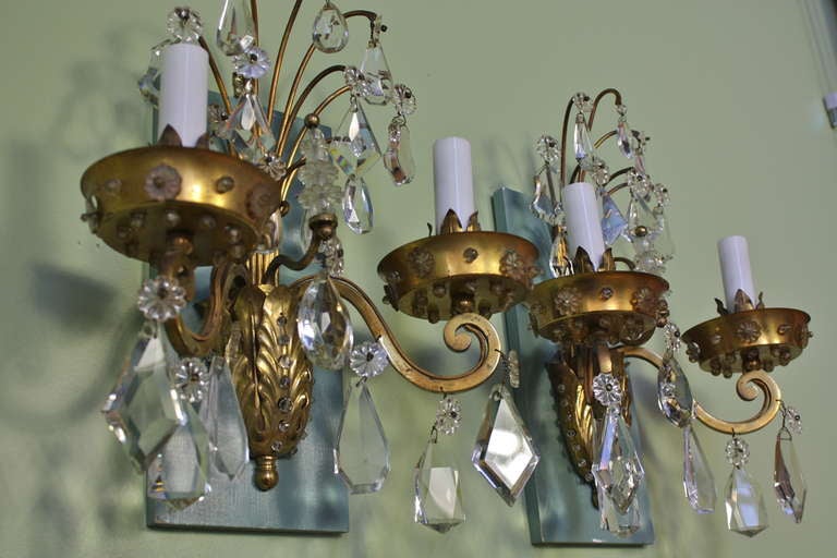 20th Century Pair of Gilt-Bronze and Crystal Sconces by Maison Baguès For Sale