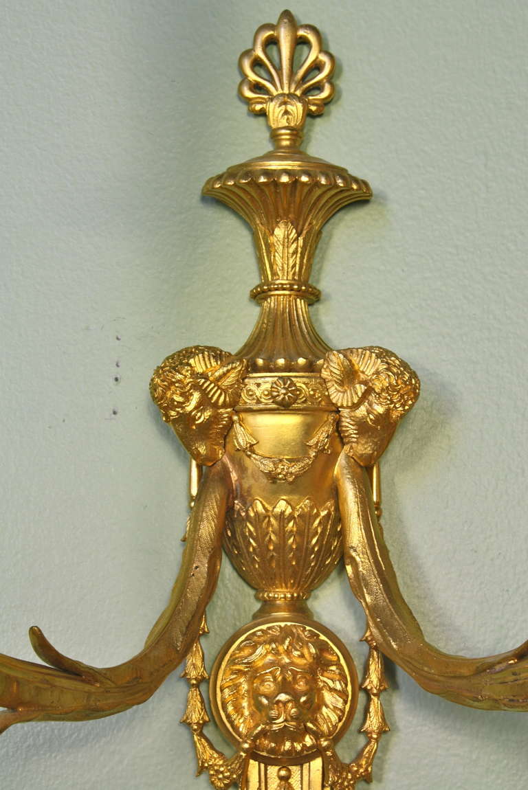 Pair of French Gilt-Bronze Neoclassical Sconces In Good Condition For Sale In Pembroke, MA