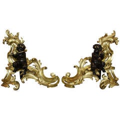 Impressive Pair of French Gilt-Bronze Chenets with Bronze Fauns 11