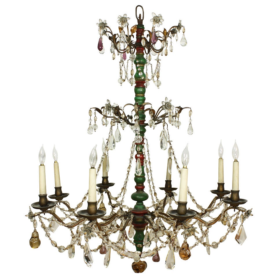 Italian Crystal and Glass Chandelier with Turned Wood Column For Sale