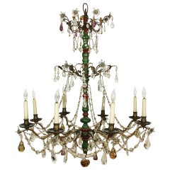 Lustre italien en cristal et verre avec colonne en bois tourné