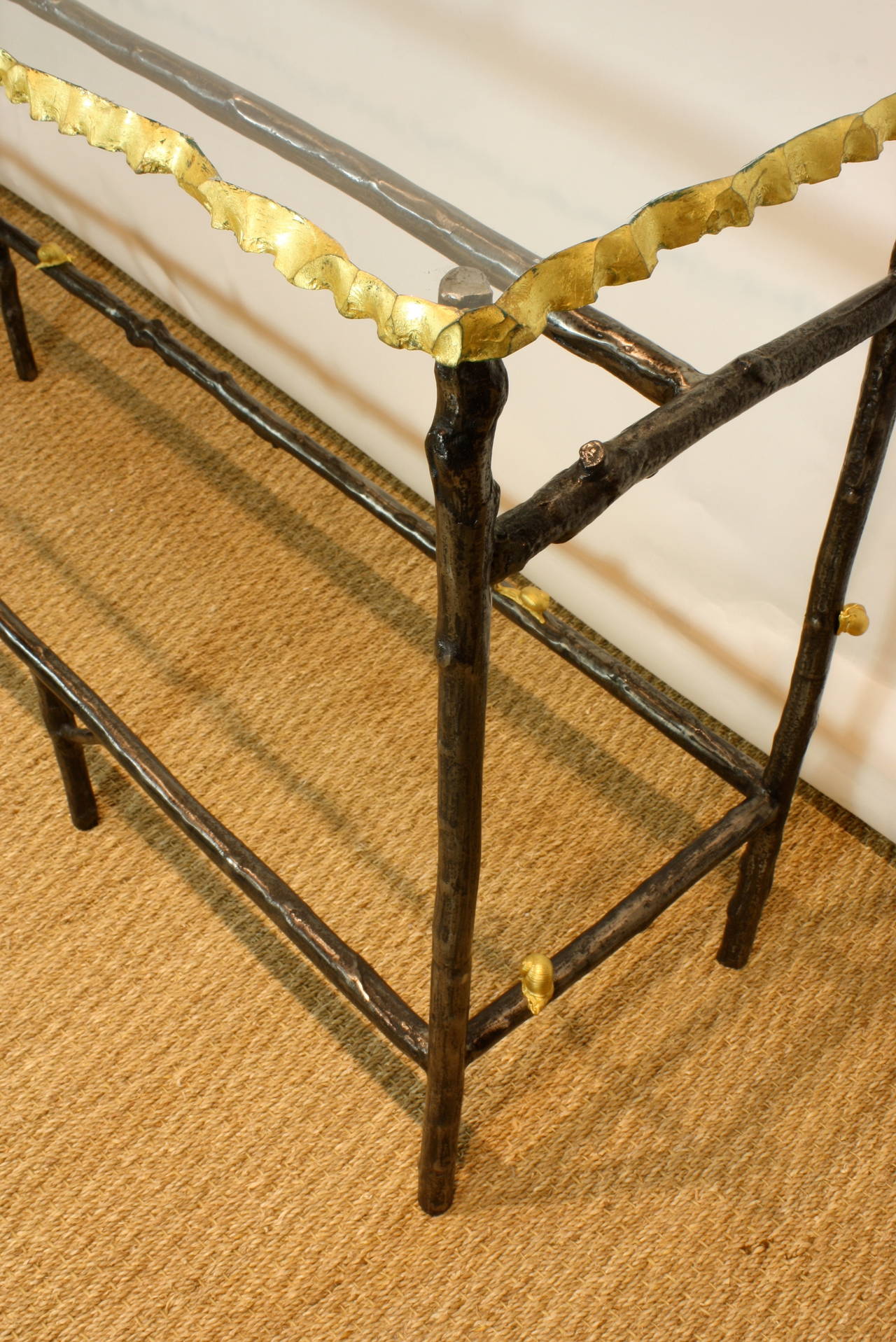 Unusual French Glass Top Faux Twig Console Table with Gilt Bronze Snails 2