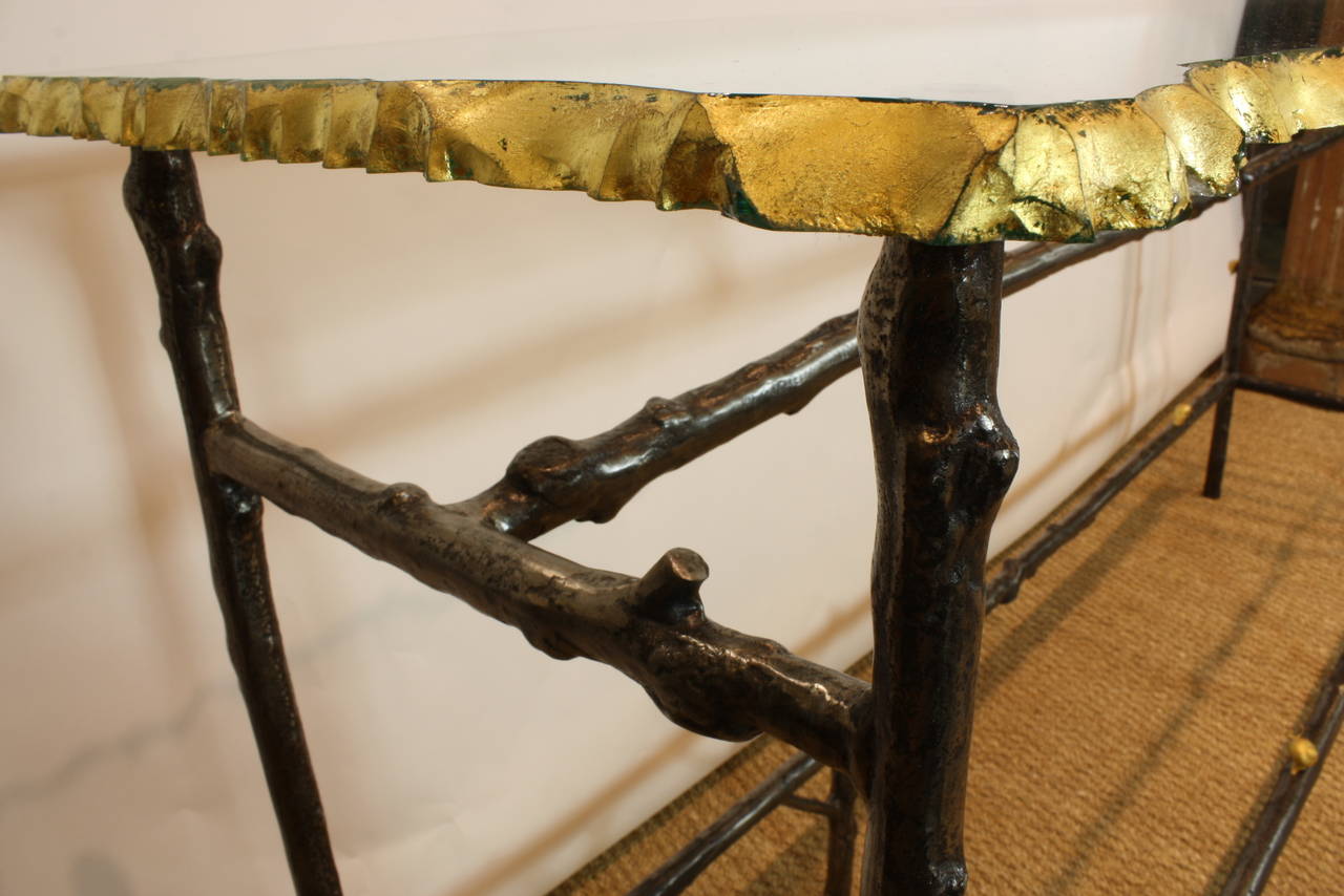 Rustic Unusual French Glass Top Faux Twig Console Table with Gilt Bronze Snails