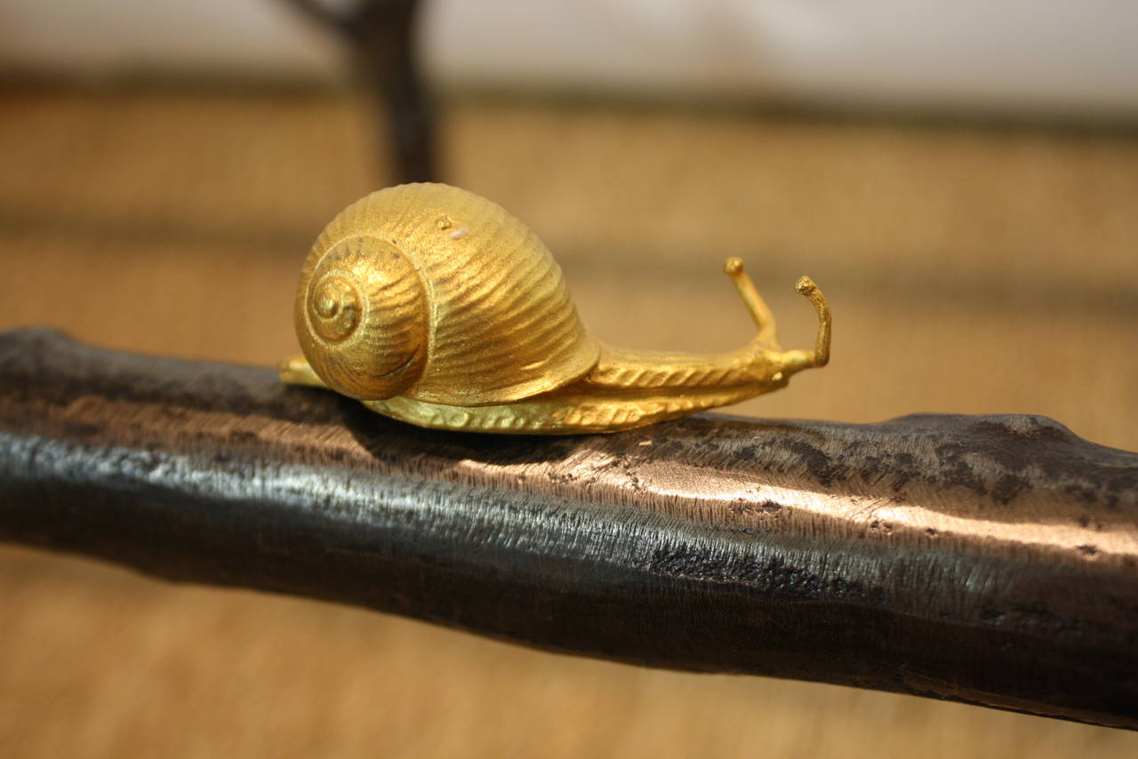 Contemporary Unusual French Glass Top Faux Twig Console Table with Gilt Bronze Snails