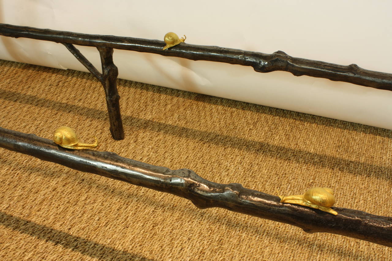 Unusual French Glass Top Faux Twig Console Table with Gilt Bronze Snails In Good Condition In Pembroke, MA