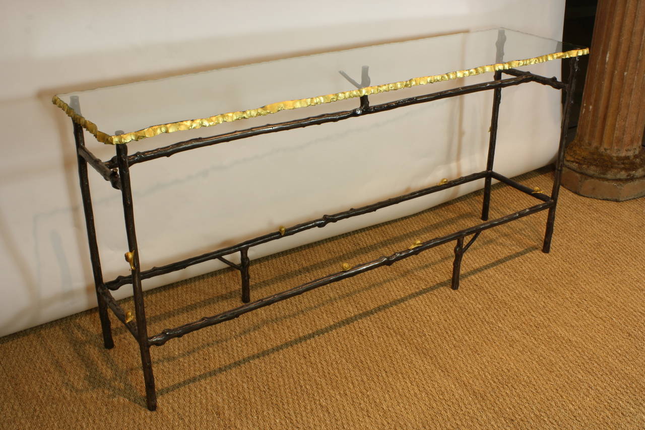 Unusual French Glass Top Faux Twig Console Table with Gilt Bronze Snails 3