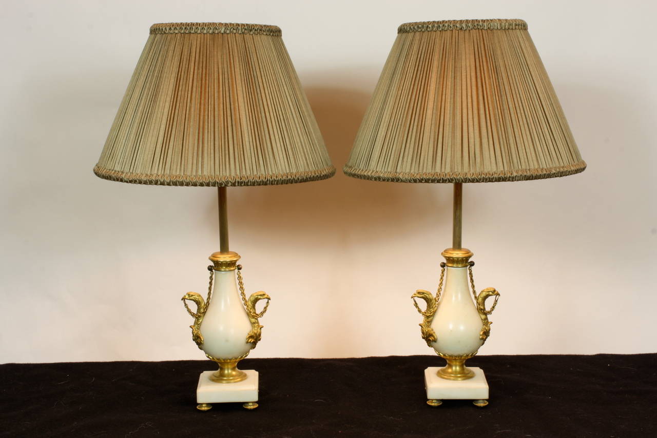 Pair of Petit French Marble and Gilt Bronze Lamps