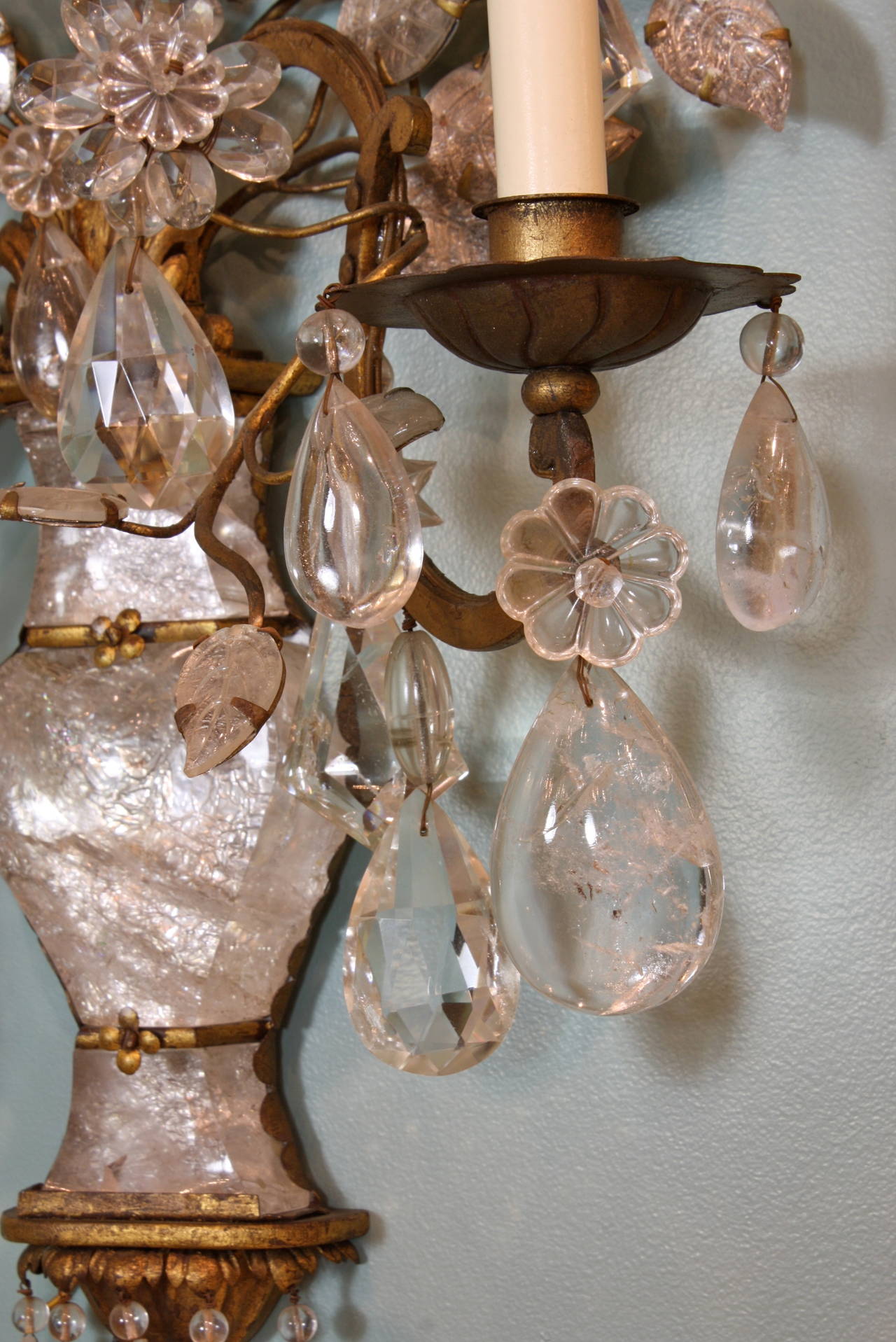 Spectacular Pair of Maison Baguès Rock Crystal Sconces In Good Condition For Sale In Pembroke, MA