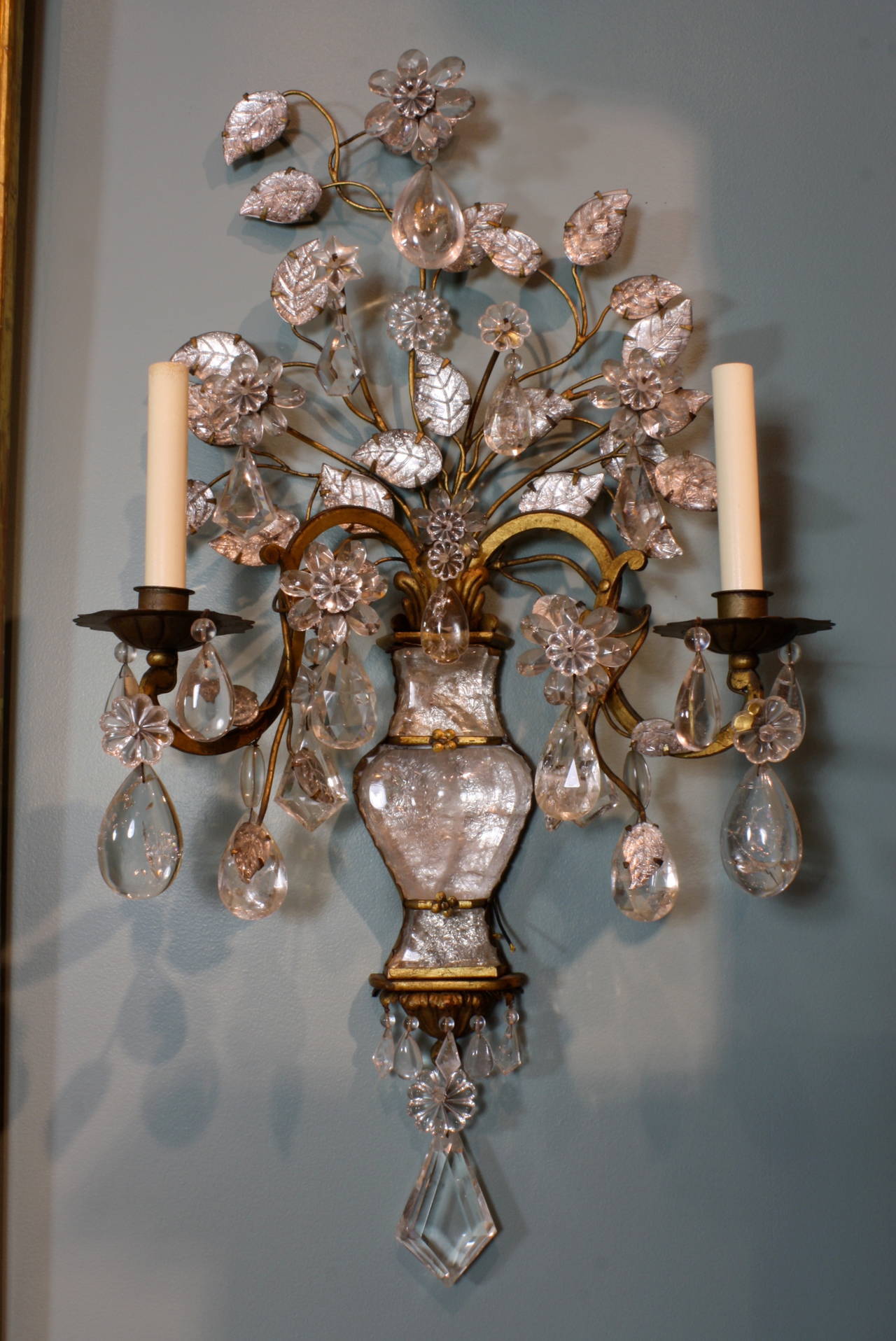 Régence Spectacular Pair of Maison Baguès Rock Crystal Sconces For Sale