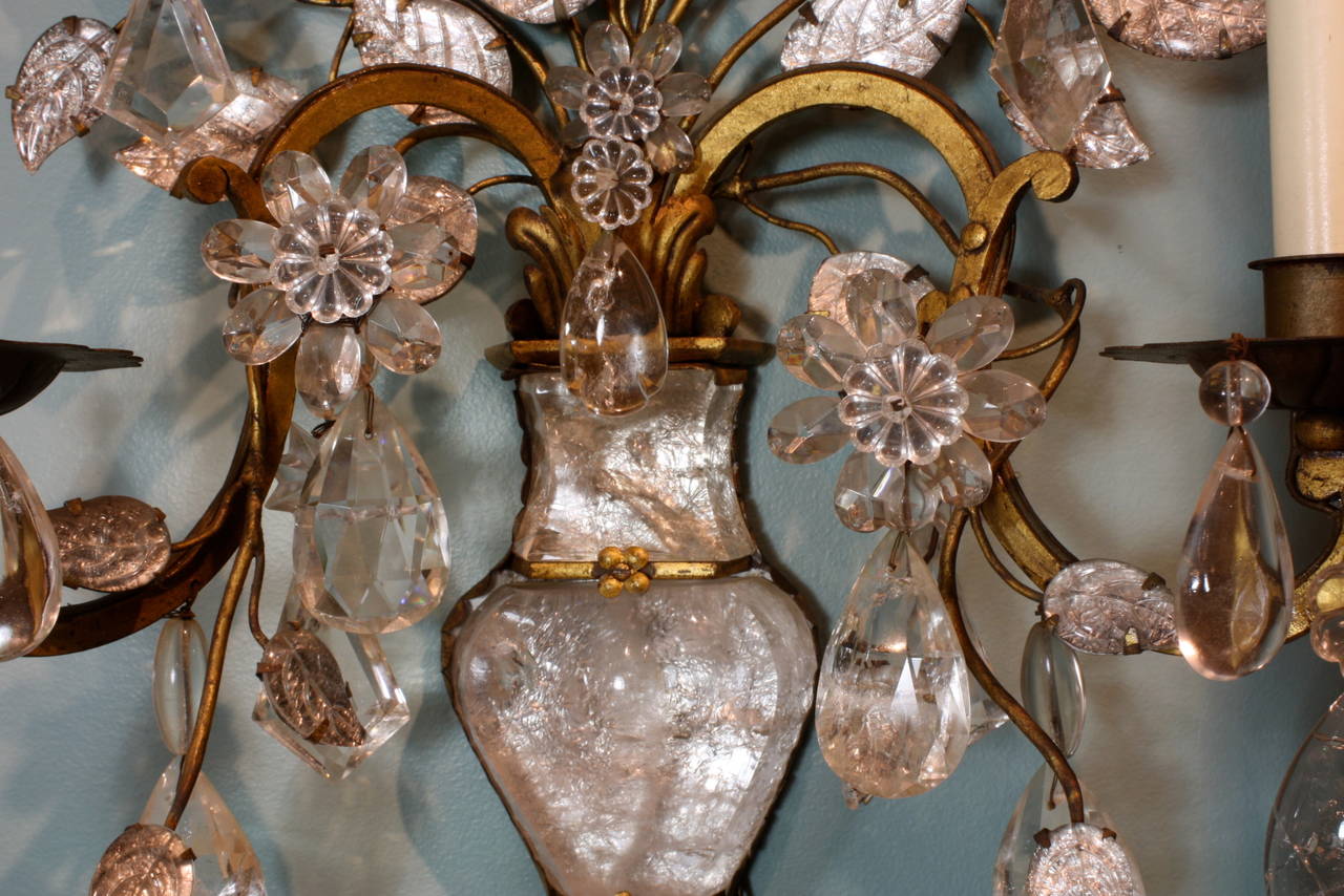 20th Century Spectacular Pair of Maison Baguès Rock Crystal Sconces For Sale