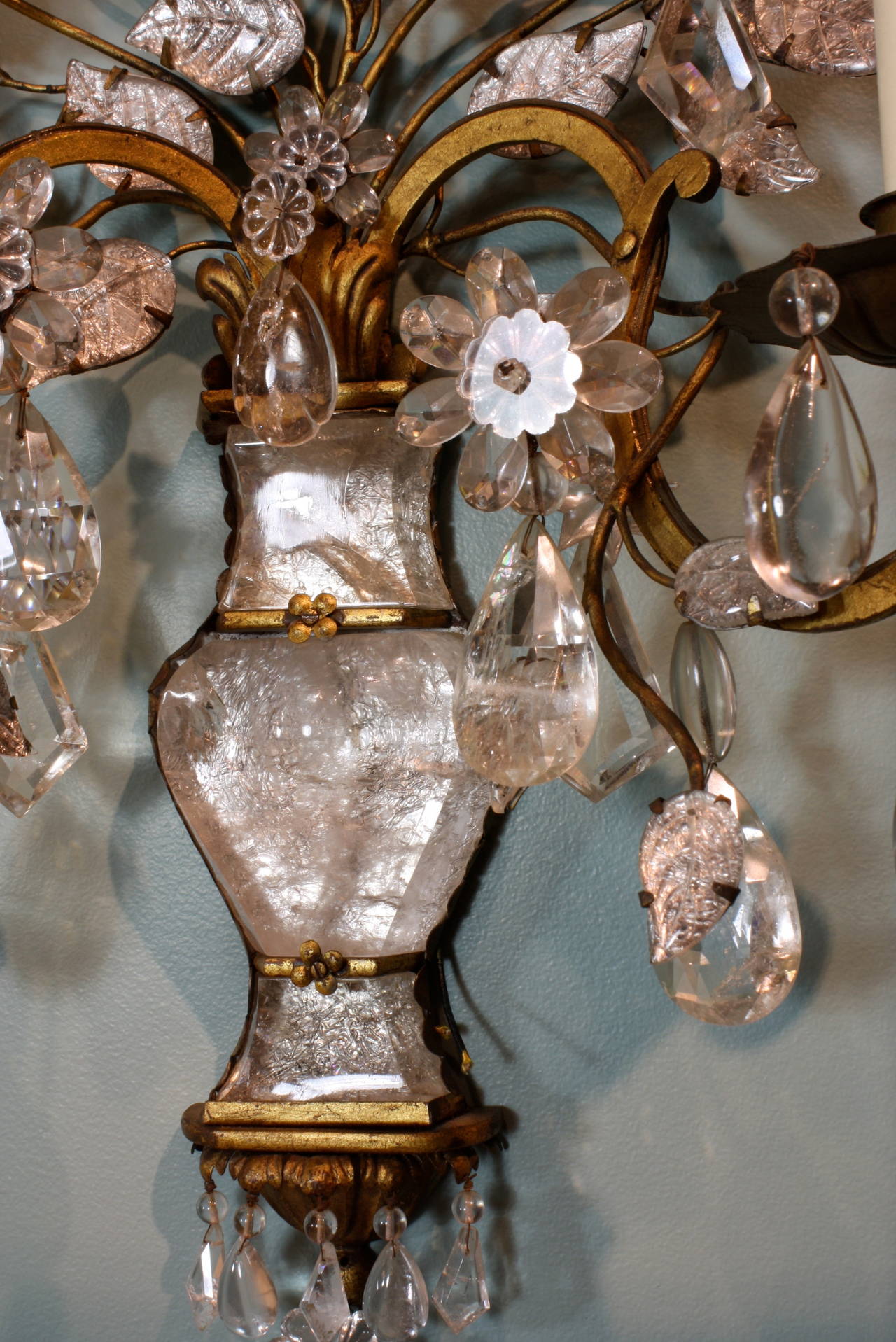 Metal Spectacular Pair of Maison Baguès Rock Crystal Sconces For Sale