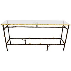 Unusual French Glass Top Faux Twig Console Table with Gilt Bronze Snails