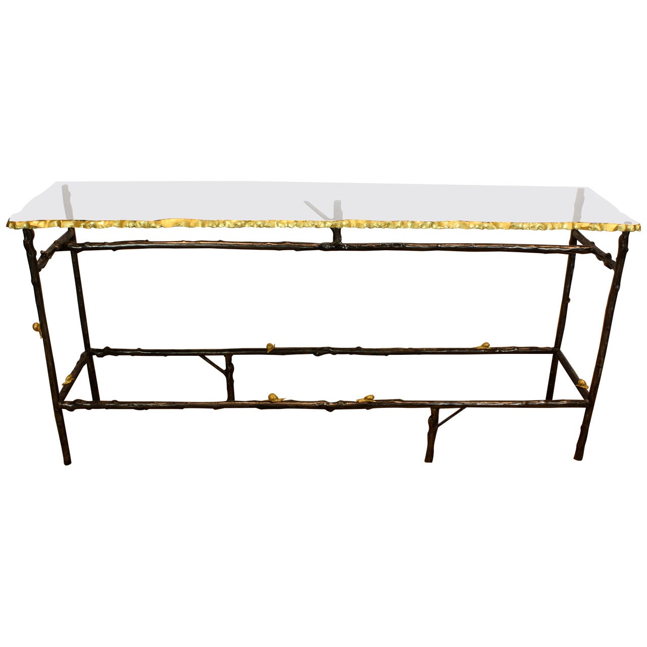 Unusual French Glass Top Faux Twig Console Table with Gilt Bronze Snails