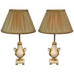 Antique Pair of Petit French Marble and Gilt Bronze Lamps