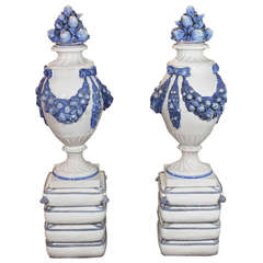 Antique An Impressive Pair of French Blue and White Glazed Lidded Vases
