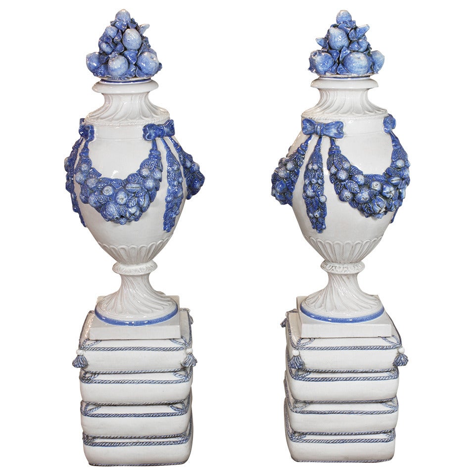 An Impressive Pair of French Blue and White Glazed Lidded Vases