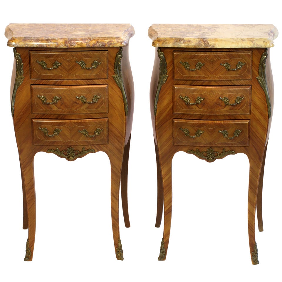 Pair of French Louis XV Style Night Tables with Marble Tops