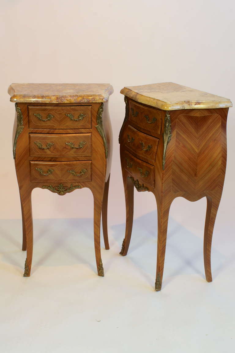 Pair of French Louis XV Style Night Tables with Marble Tops In Good Condition In Pembroke, MA