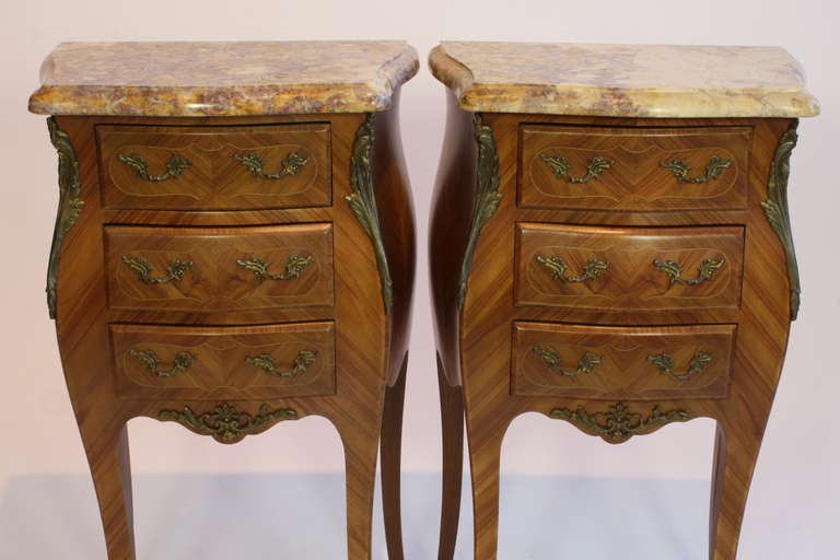 20th Century Pair of French Louis XV Style Night Tables with Marble Tops