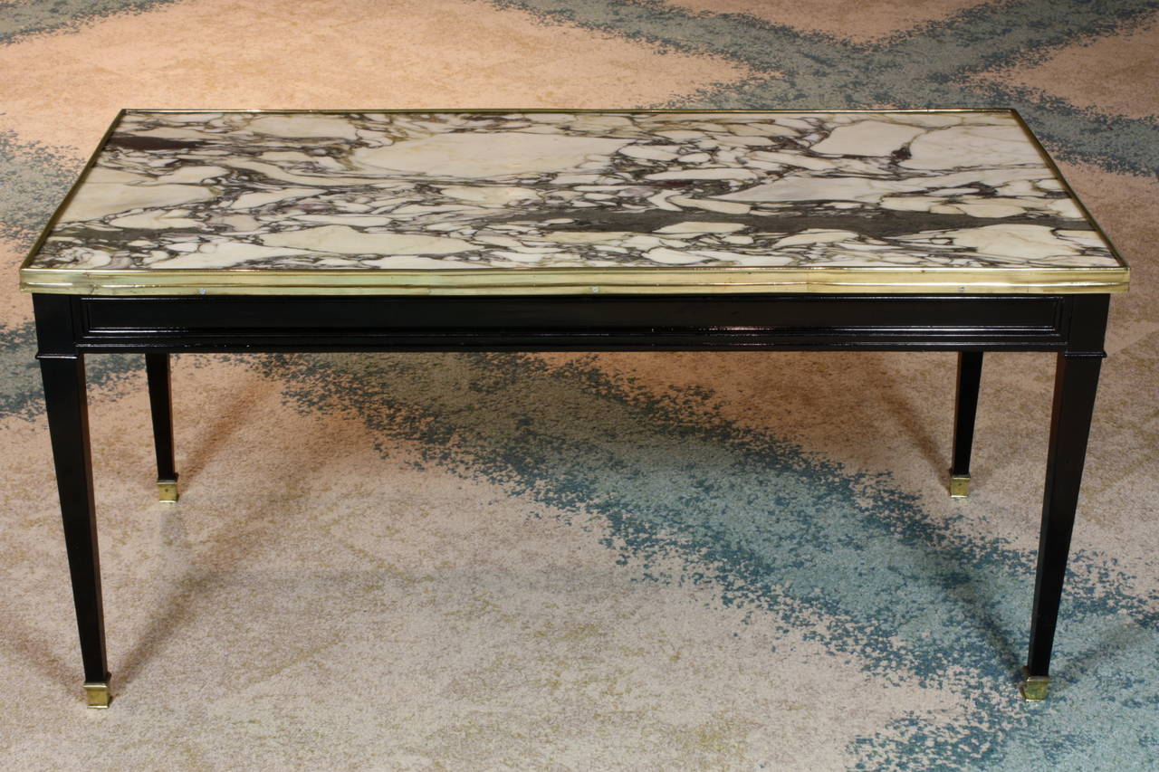 Neoclassical Jansen Black Lacquered Marble-Top Cocktail Table