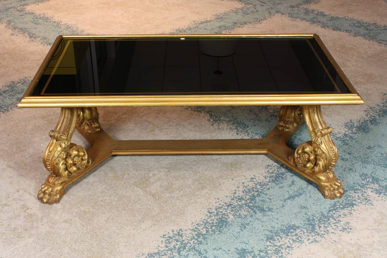 Baroque Revival French Giltwood and Black Glass-Top Coffee Table by Hirsch For Sale