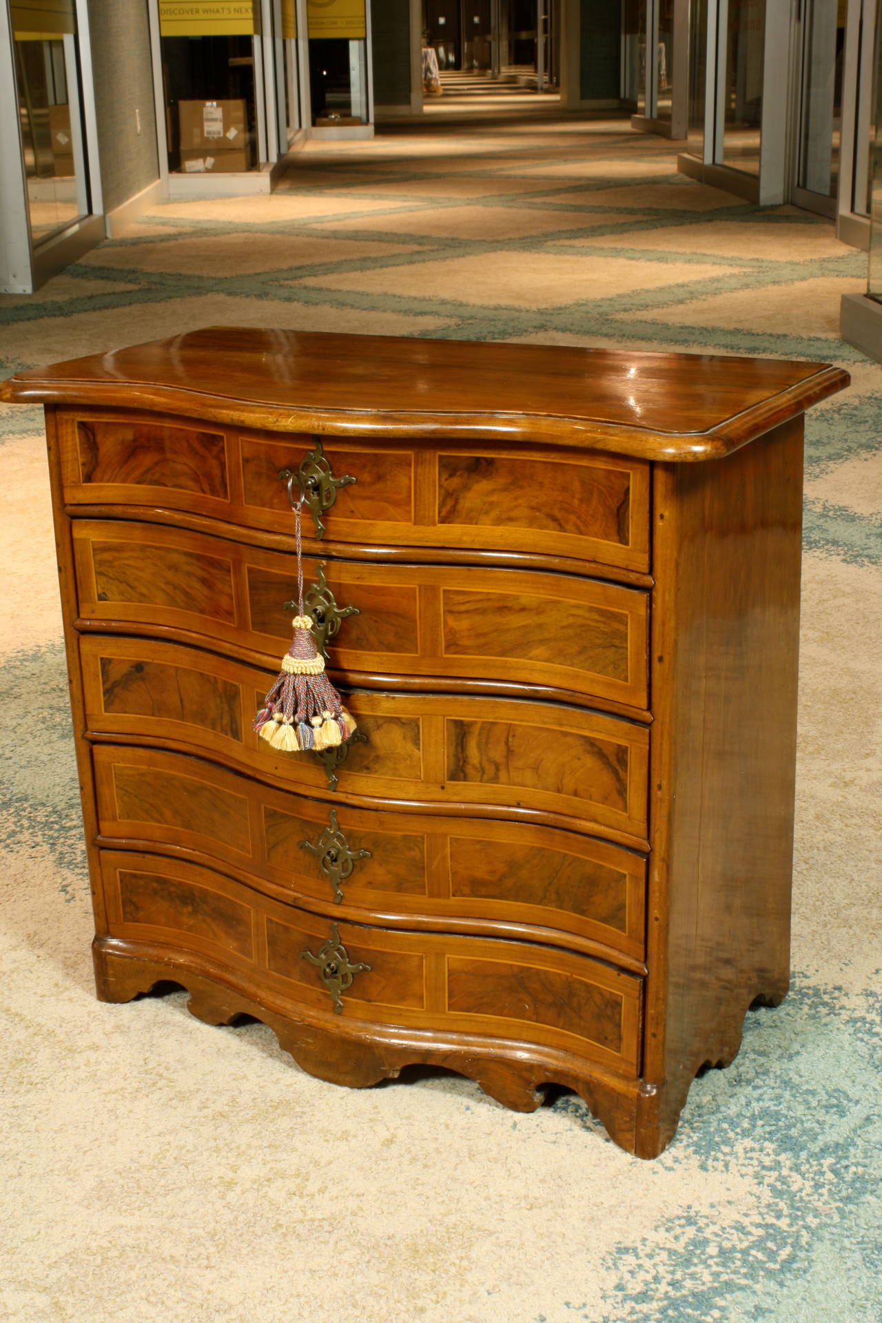 A very nice quality, rare serpentine front small commode (Holland, 18th century), with rich parquetry detailing, and hand-forged iron hardware, locking drawers with key.  Would make a wonderful jewelry box or chest for other valuables.