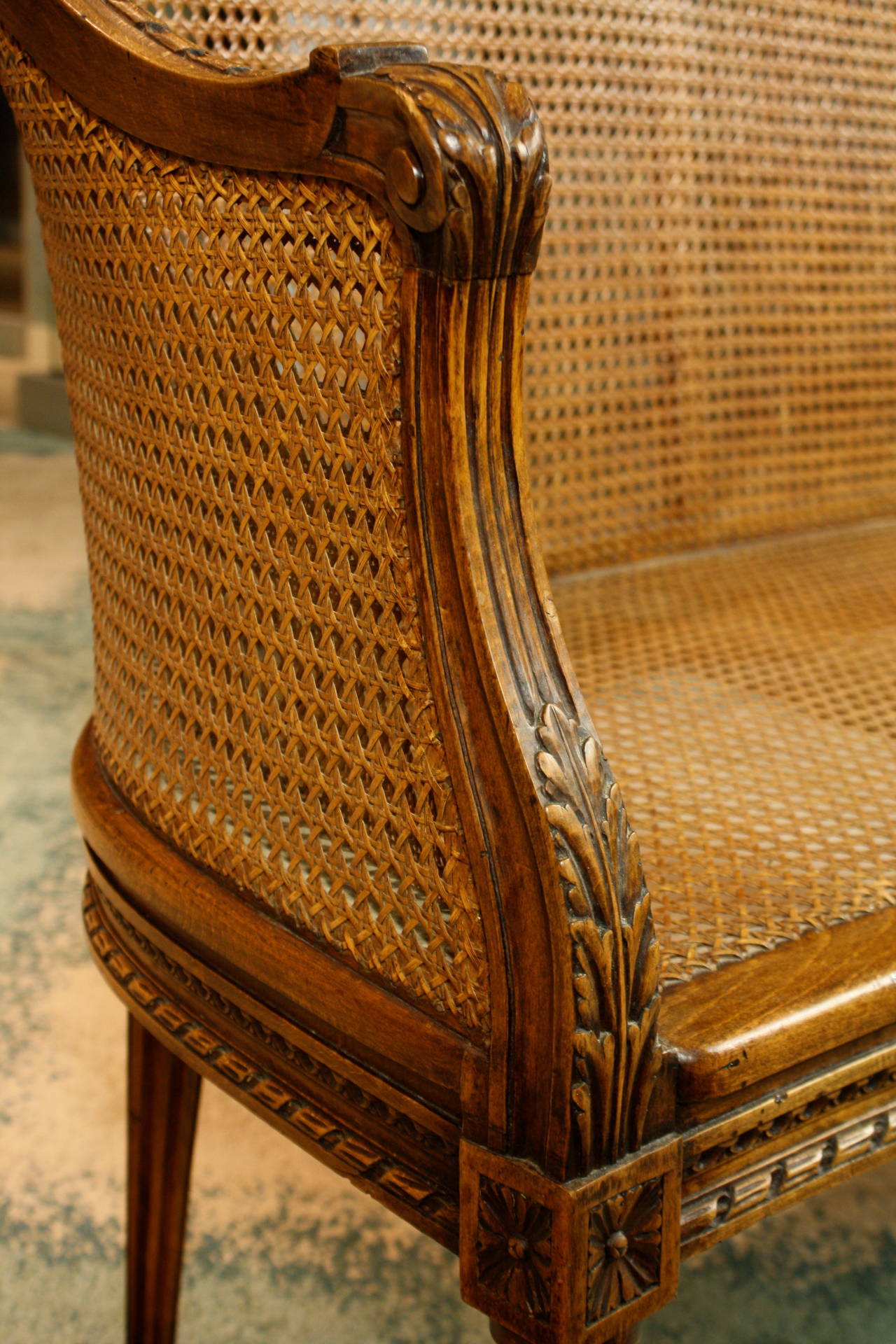 French Louis XVI Style Caned Fruitwood Settee 3