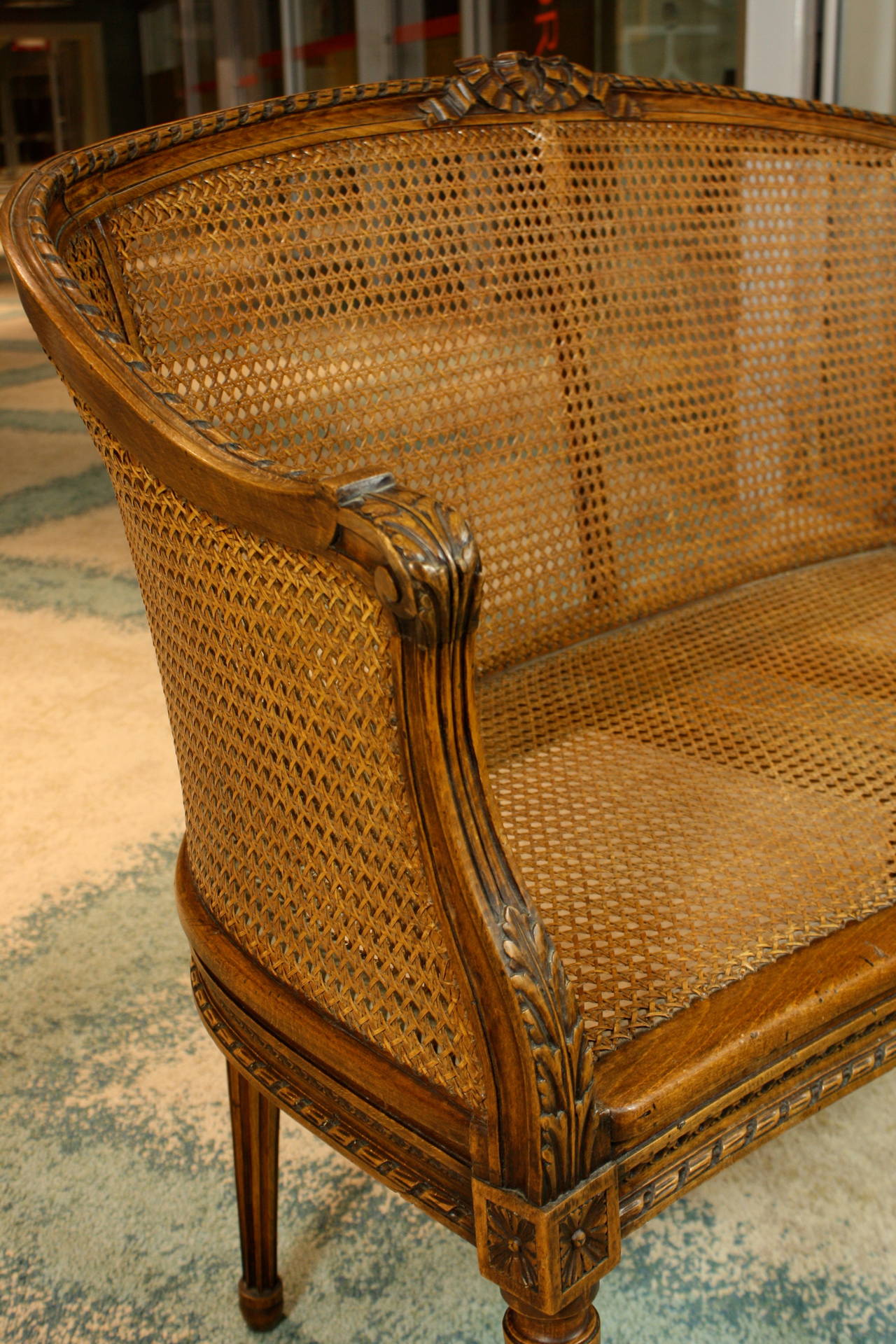 French Louis XVI Style Caned Fruitwood Settee 2