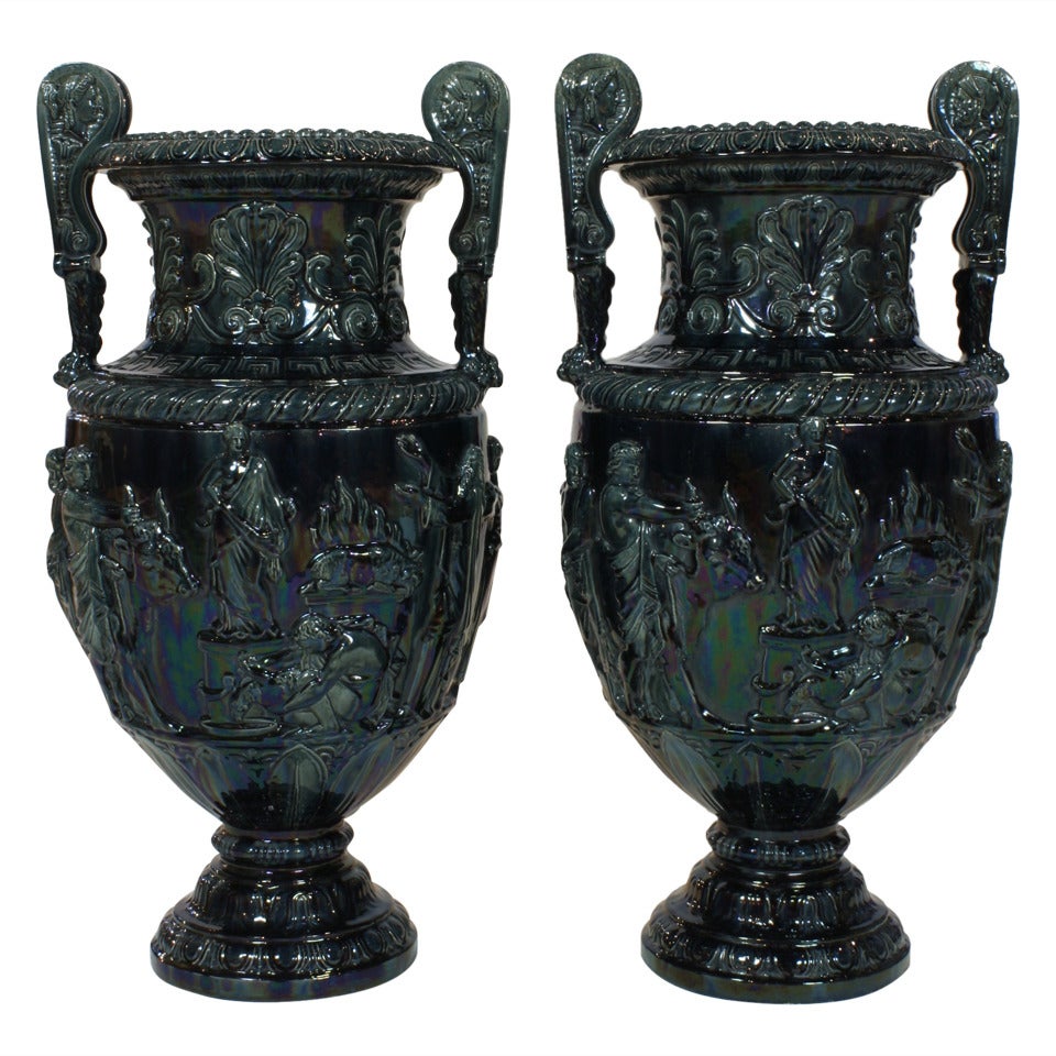 Pair of Large French Glazed Ceramic Grecian Style Urns