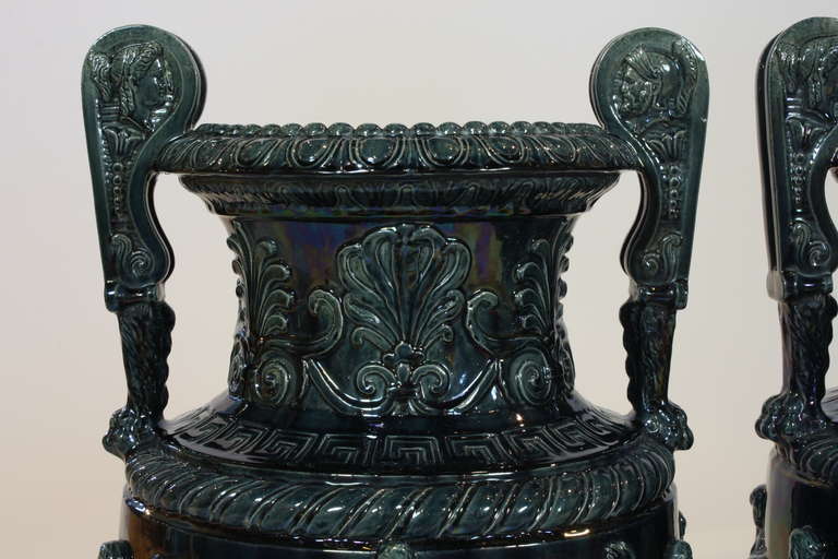 Pair of Large French Glazed Ceramic Grecian Style Urns 4