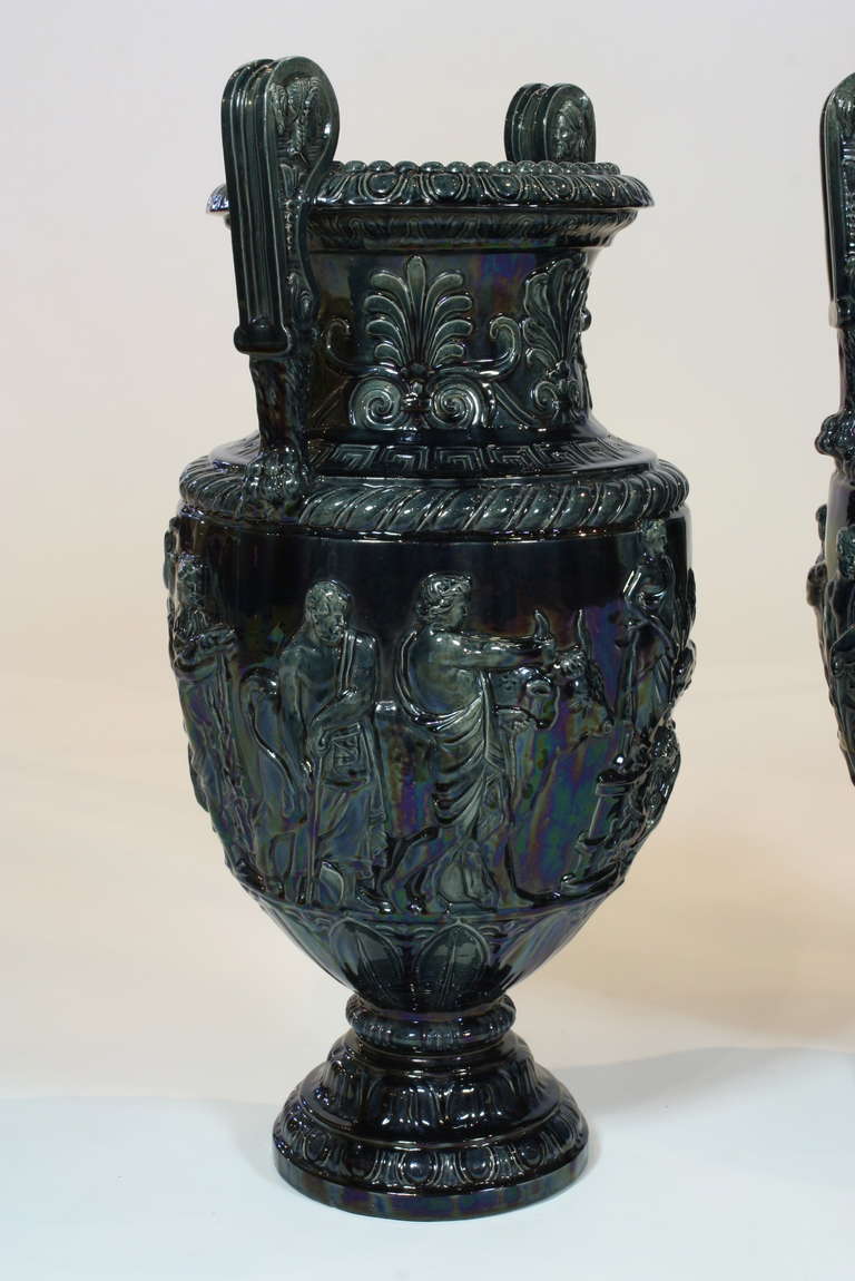 Pair of Large French Glazed Ceramic Grecian Style Urns In Good Condition In Pembroke, MA