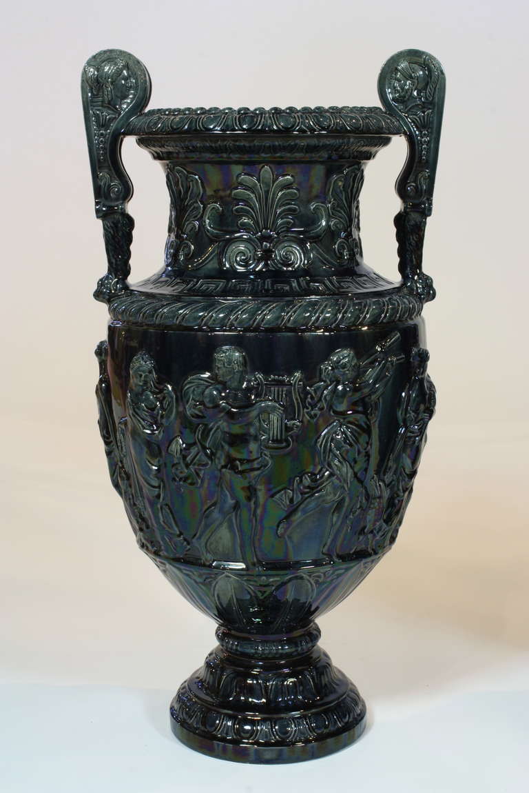 19th Century Pair of Large French Glazed Ceramic Grecian Style Urns