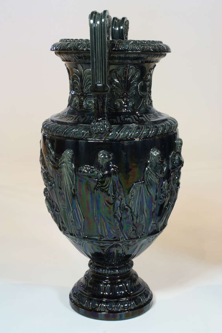 Pair of Large French Glazed Ceramic Grecian Style Urns 1