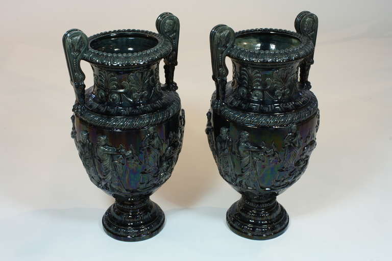 Classical Greek Pair of Large French Glazed Ceramic Grecian Style Urns