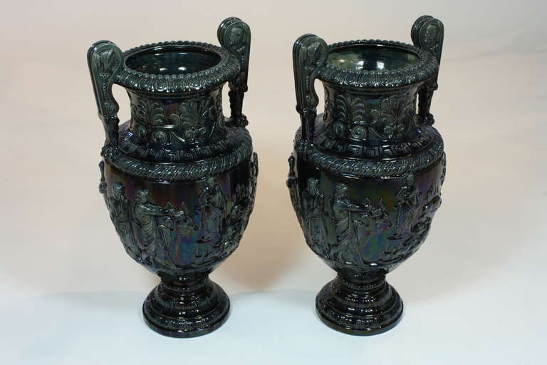 Classical Greek Pair of Large French Glazed Ceramic Grecian Style Urns