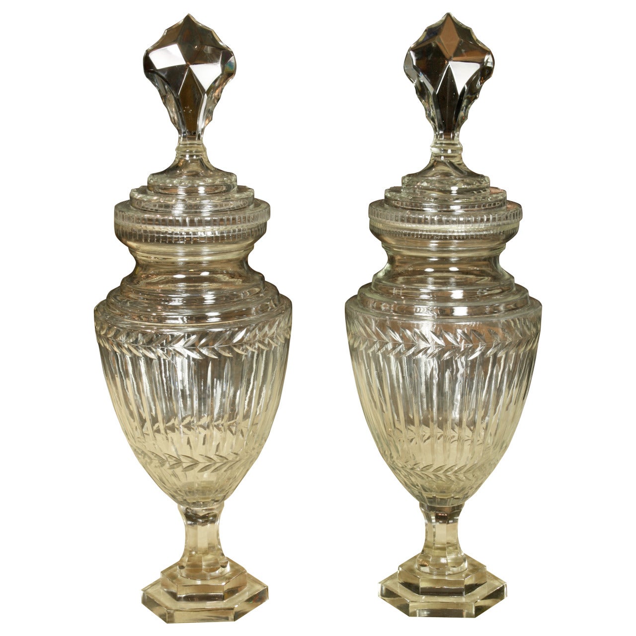 Pair of English Cut-Glass Covered Urns