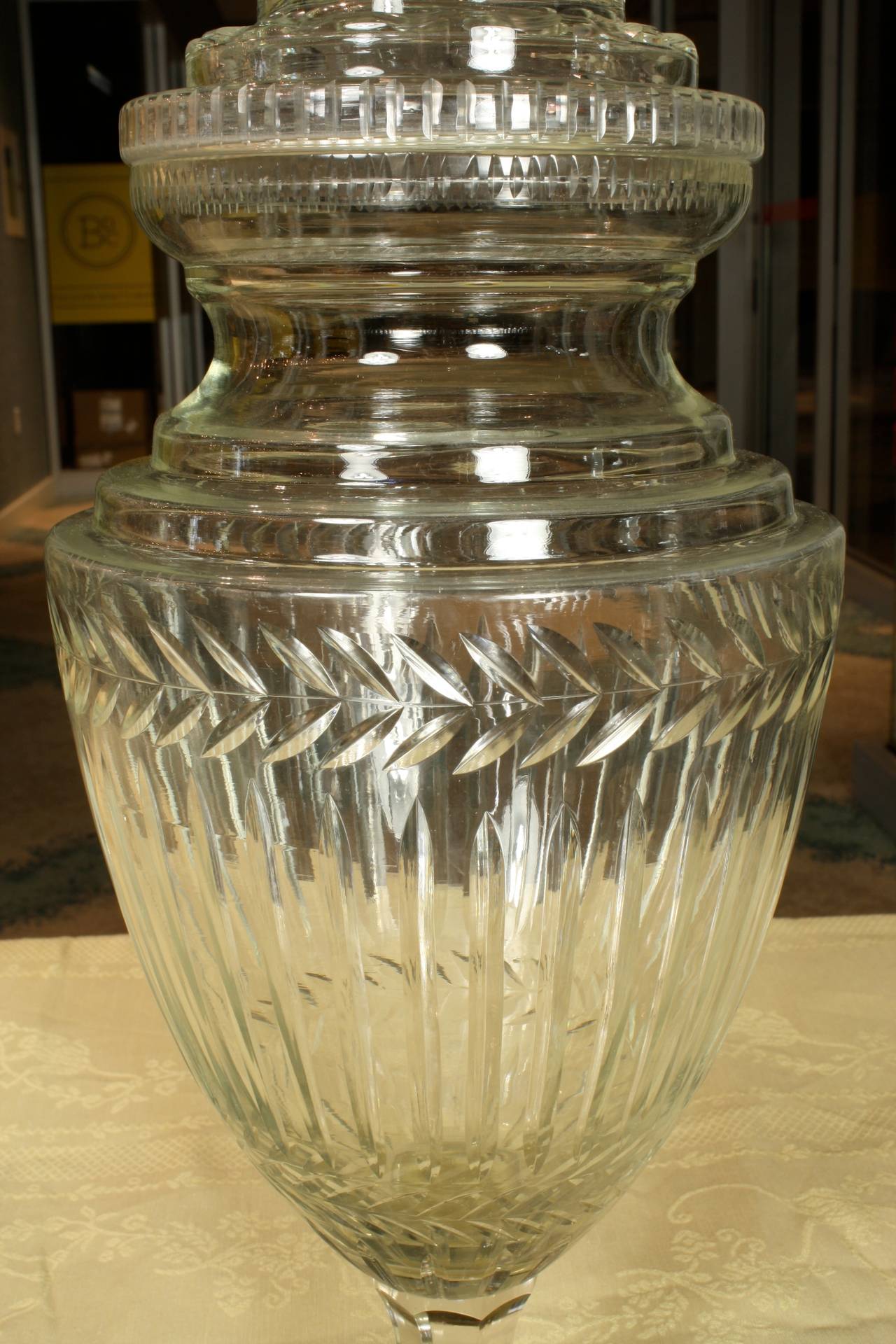 Pair of English Cut-Glass Covered Urns 1
