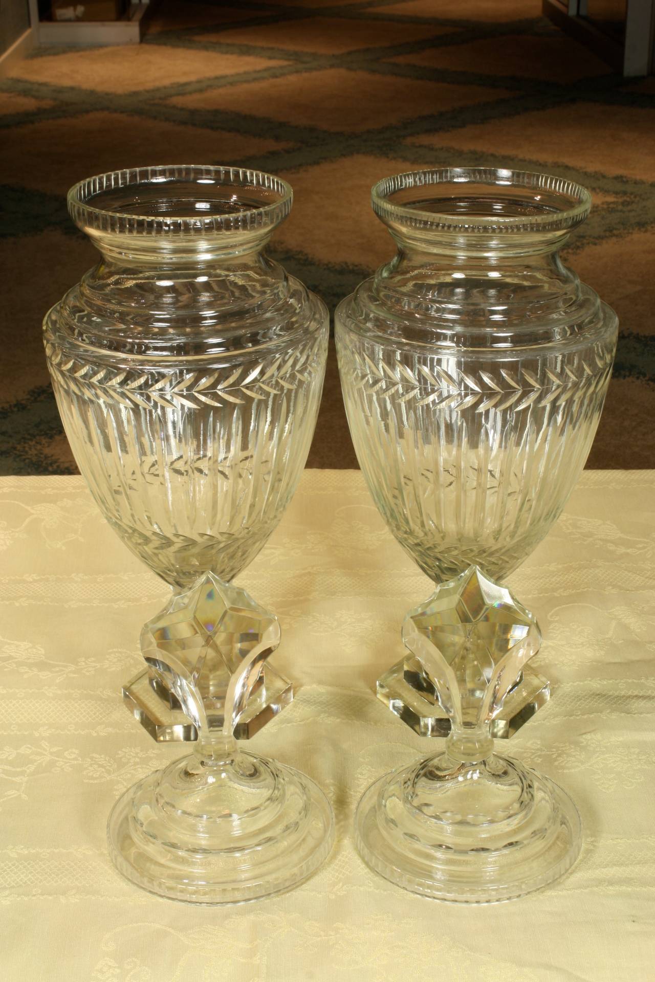 Neoclassical Pair of English Cut-Glass Covered Urns