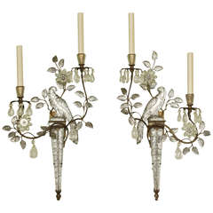 Pair of Parrot Sconces with Rock Crystals by Maison Baguès
