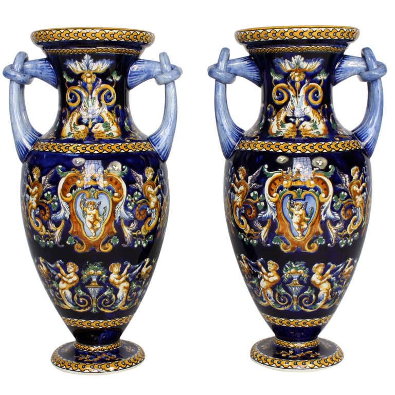 Pair of French Faience Italianate Style Vases by Gien