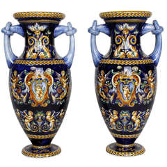 Pair of French Faience Italianate Style Vases by Gien