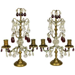 Pair of Petit French Bronze and Crystal Two-Arm Girandoles