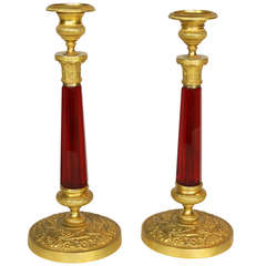 Antique Pair of Rare French Gilt-Bronze and Ruby Crystal Candlesticks