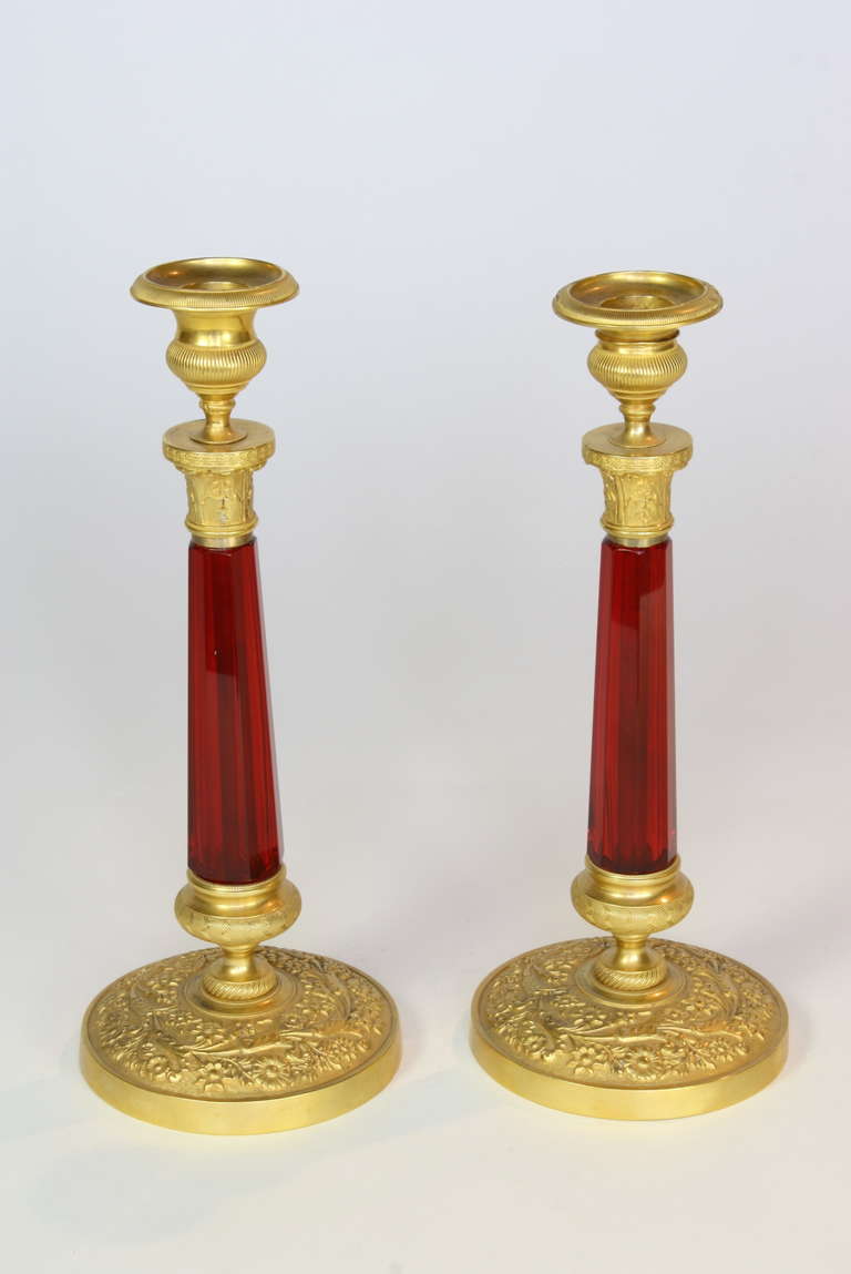 Pair of Rare French Gilt-Bronze and Ruby Crystal Candlesticks