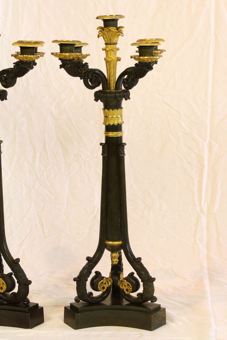 Patinated Pair of Charles X Candelabra Engraved with Napoleonic Symbols and Fountainebleau For Sale