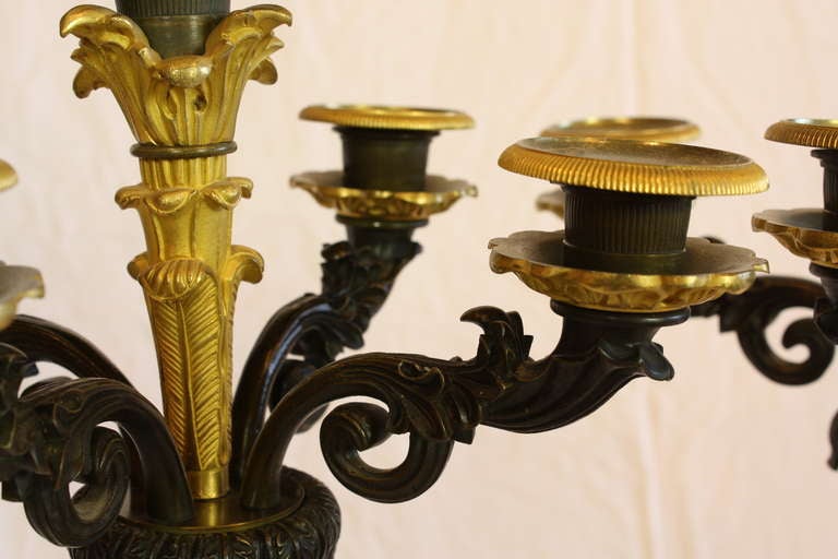 Bronze Pair of Charles X Candelabra Engraved with Napoleonic Symbols and Fountainebleau For Sale