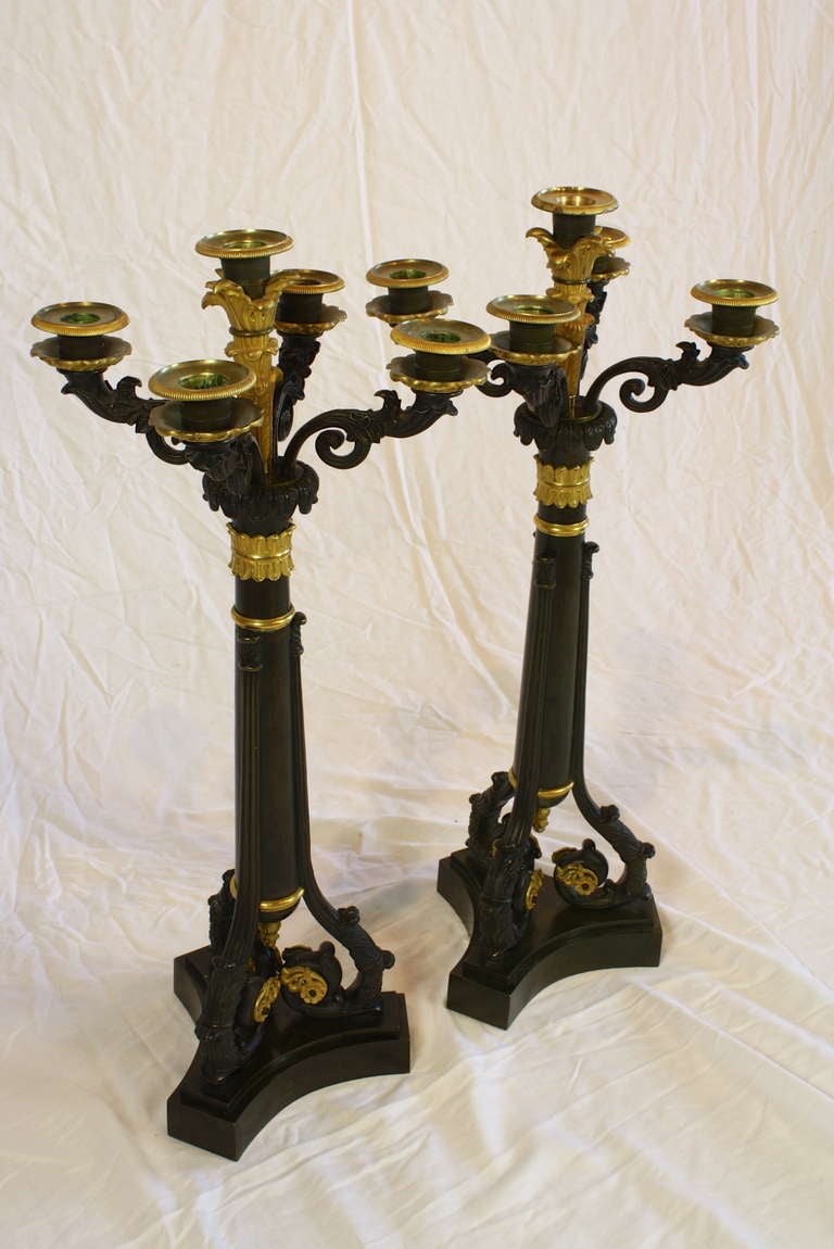 French Pair of Charles X Candelabra Engraved with Napoleonic Symbols and Fountainebleau For Sale