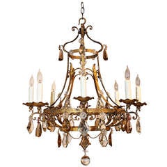 Antique French Iron, Tole Leaf and Crystal Chandelier