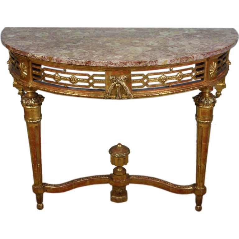 Table console française d'époque Louis XVI avec plateau en marbre Breccia