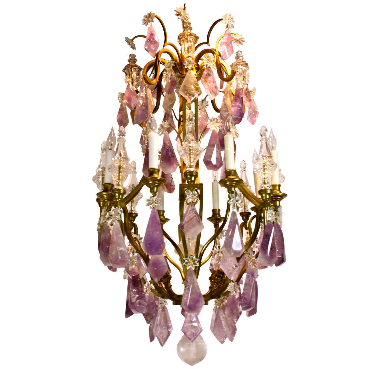 Stunning Gilt Bronze Chandelier with Amethyst and Rock Crystals
